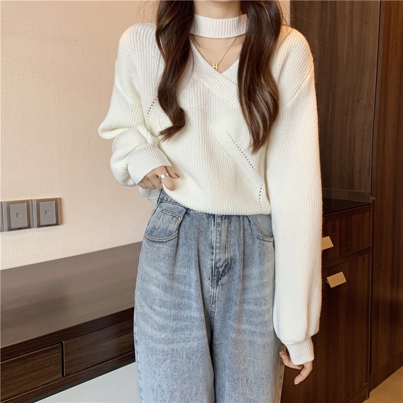Áo sweater Dệt Kim Tay Phồng Cổ Chữ V Thời Trang Thu Đông Mới 2022