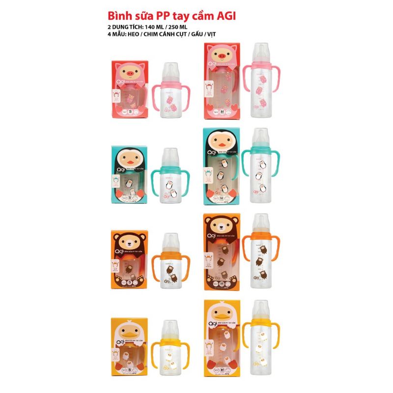 Bình Sữa Agi Cổ Hẹp Có Tay Cầm + Van Chống Sặc 140ml, 250ml, An Toàn Cho Bé