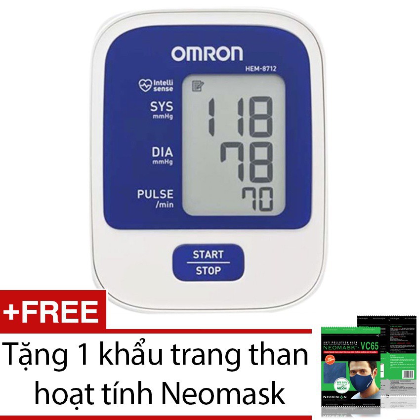 Máy đo huyết áp bắp tay Omron HEM-8712 (Trắng phối xanh) + Tặng 1khẩu trang than hoạt tính Neomask