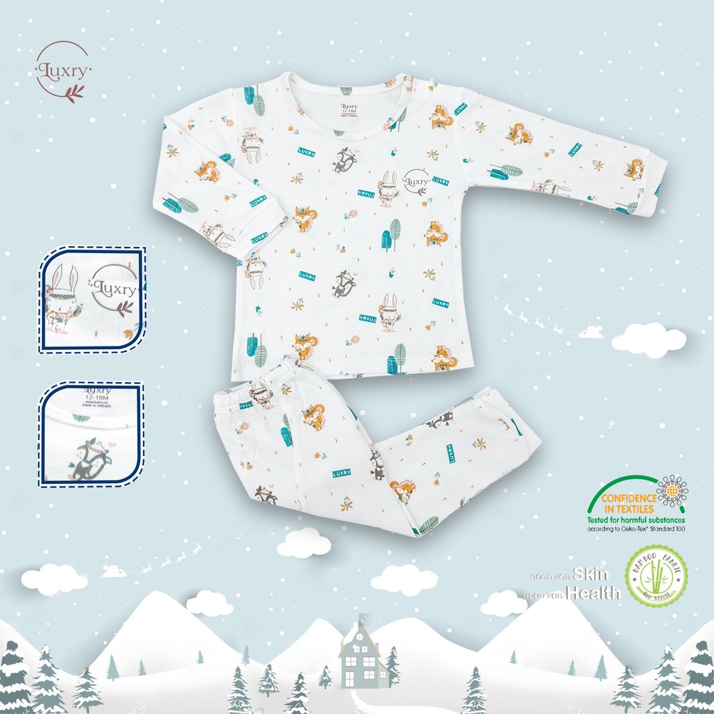 Bộ quần áo dài tay thu đông vải sợi tre 2 lớp siêu mềm mịn, ấm áp họa tiết dễ thương nhà Luxry cho bé