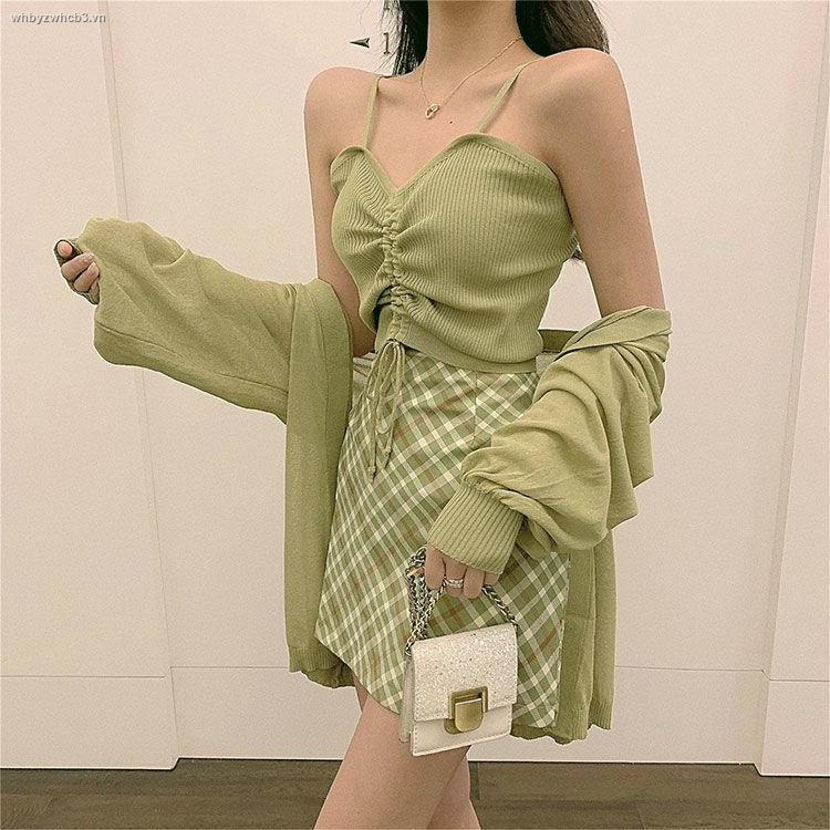 Set áo khoác cardigan dây rút + áo ba lỗ + chân váy kẻ sọc màu xanh bơ thời trang mùa hè cho nữ