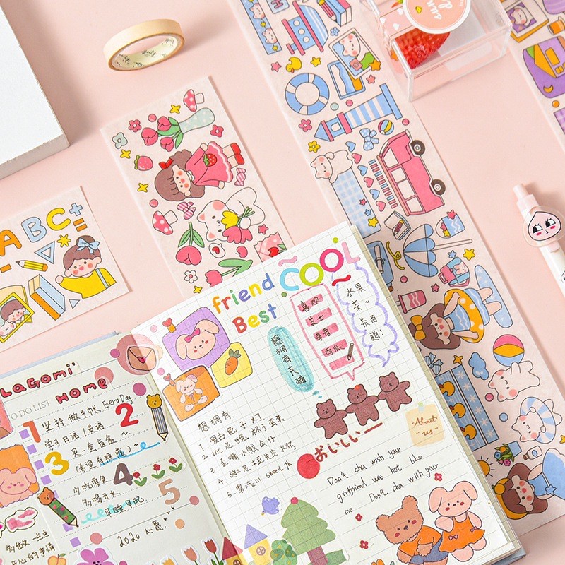 |9 mẫu| |có sỉ| stickers dải dài hình dán bé gái dễ thương hoạt hình gấu con cute trang trí sổ tay bullet journal