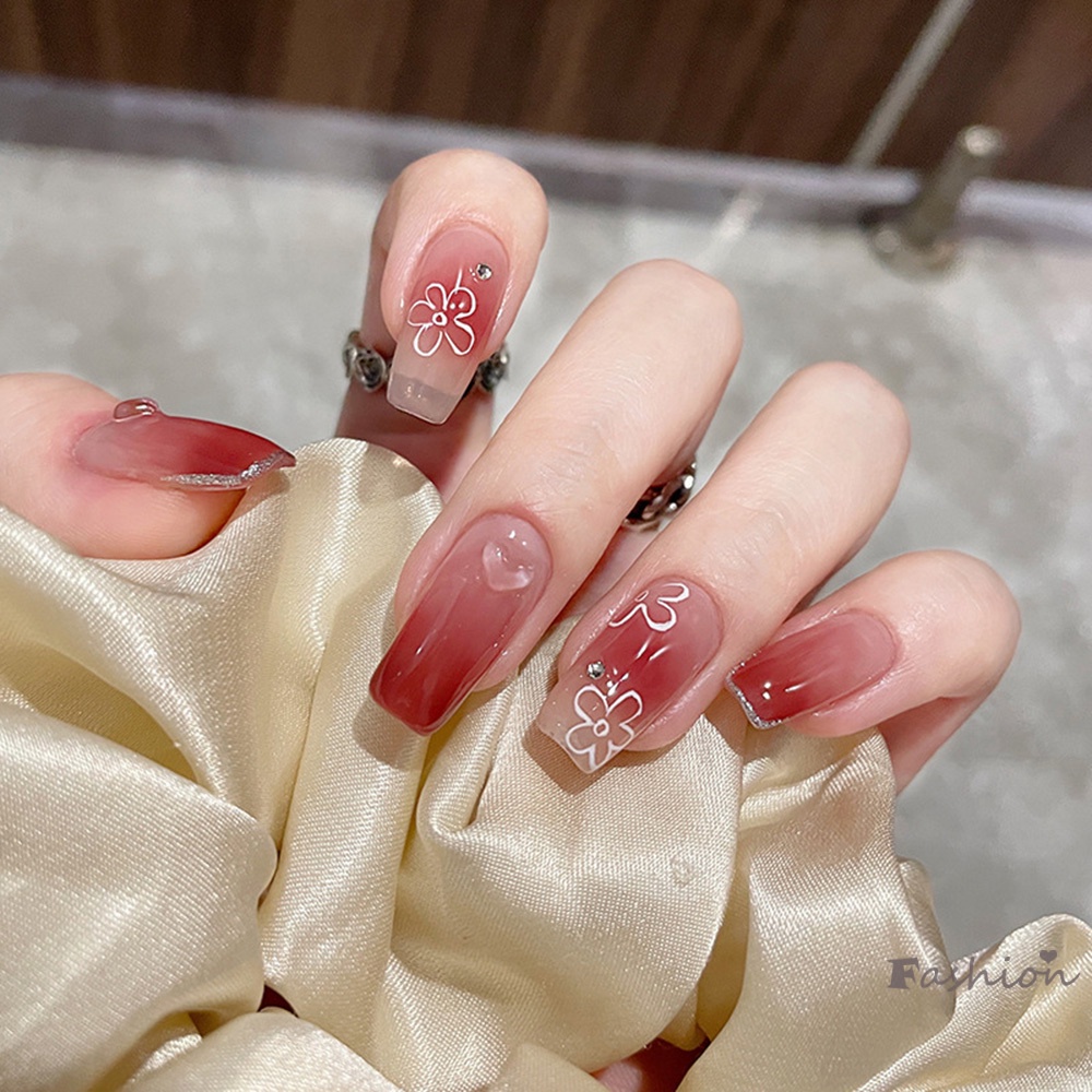 Set 24 Móng Tay Giả Màu Đỏ Gradient Sáng Bóng Dễ Thương Dành Cho Nữ