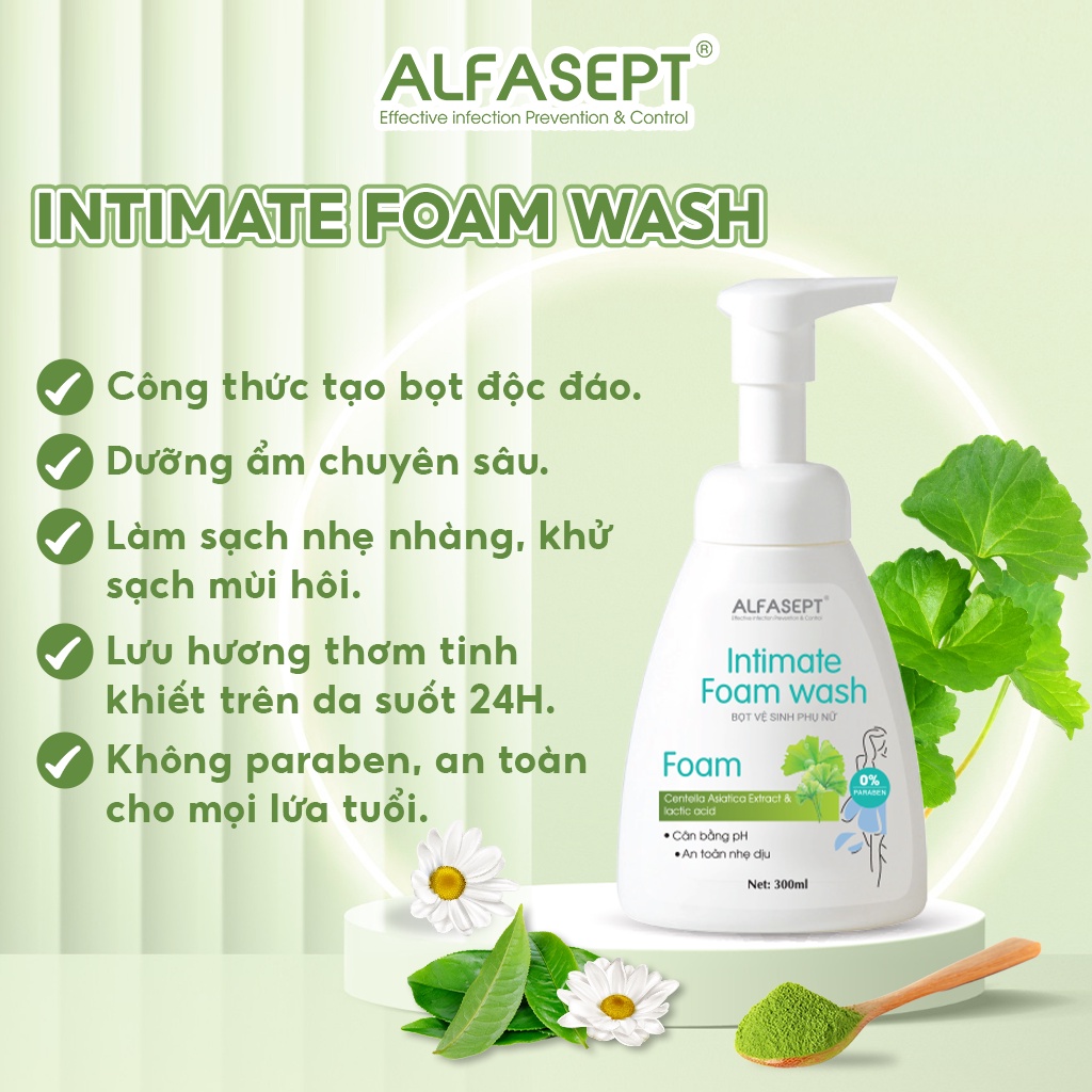 Bọt vệ sinh phụ nữ AFLFASEPT Intimate Foam Wash, Chiết xuất trà xanh kết hợp với vitamin E  cho cảm giác tươi mát tối ưu