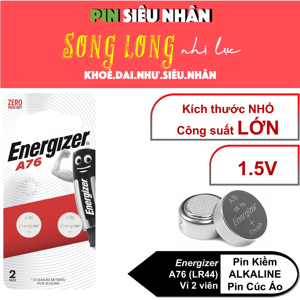 PIN A76 (BP2/LR44) ENERGIZER ALKALINE (PIN Kiềm) 1.5V Chính Hãng - Công Suất Lớn - Vỉ 2 viên