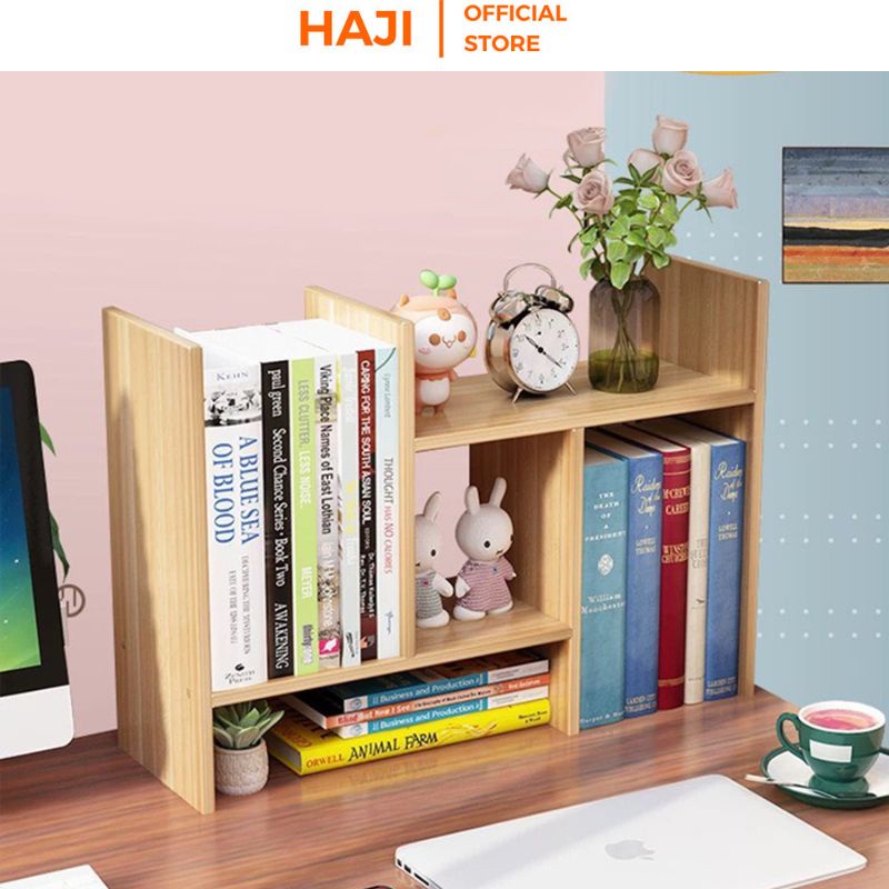 Kệ sách gỗ mini để bàn đa ngăn tiện lợi, Kệ gỗ trang trí phong cách Vintage hiện đại xinh xắn thương hiệu HAJI A62