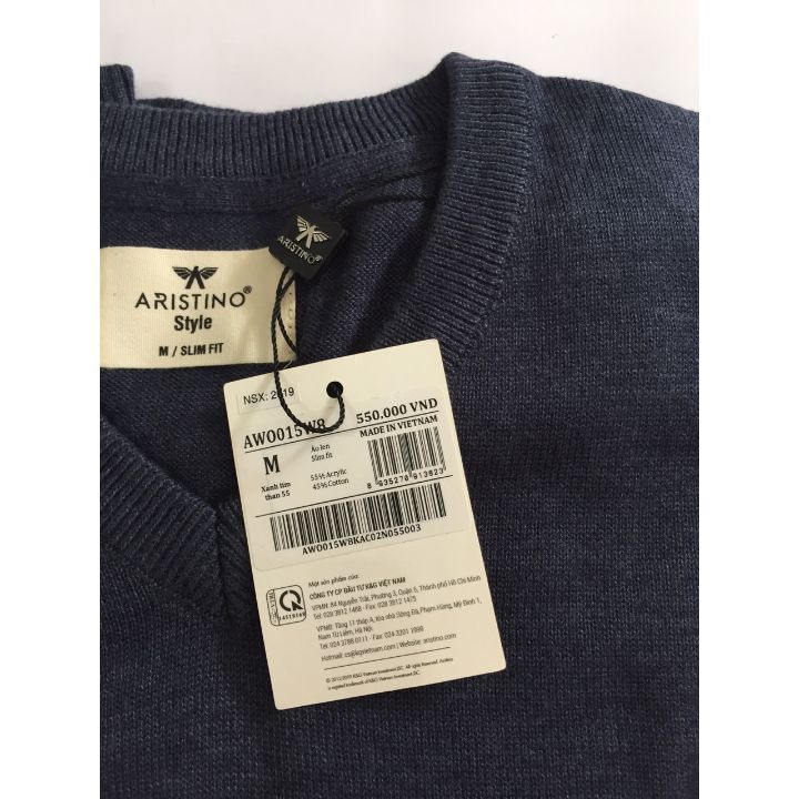 Áo len Aristino AWO015W8 cổ tim, dày vừa phải, dáng Slimfit, chất len đanh lì, không bai xù