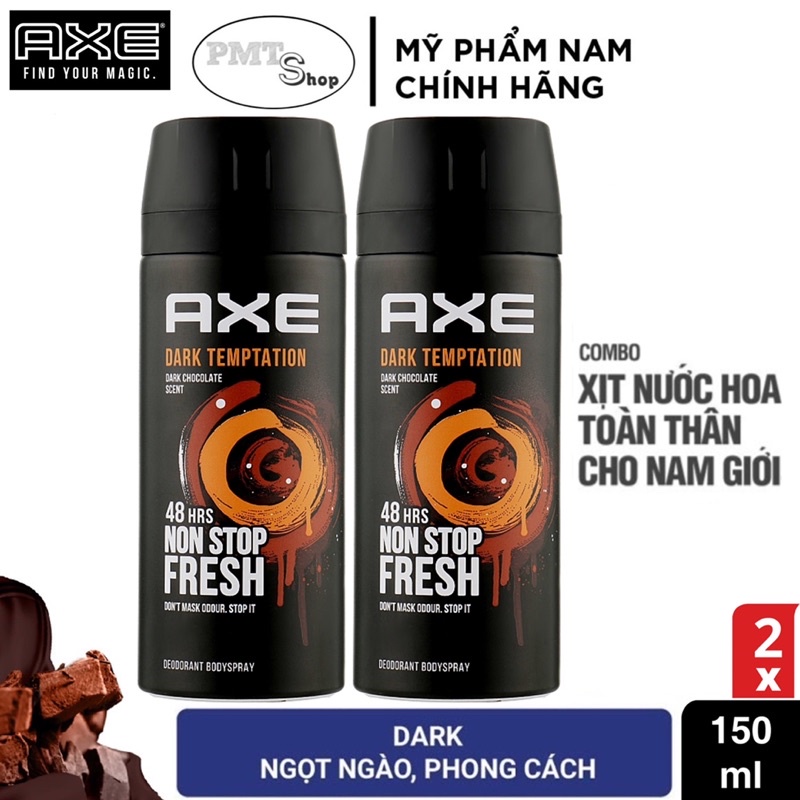Combo 2 Xịt khử mùi toàn thân nam AXE Dark Temptation 150ml x 2 chai hương nước hoa