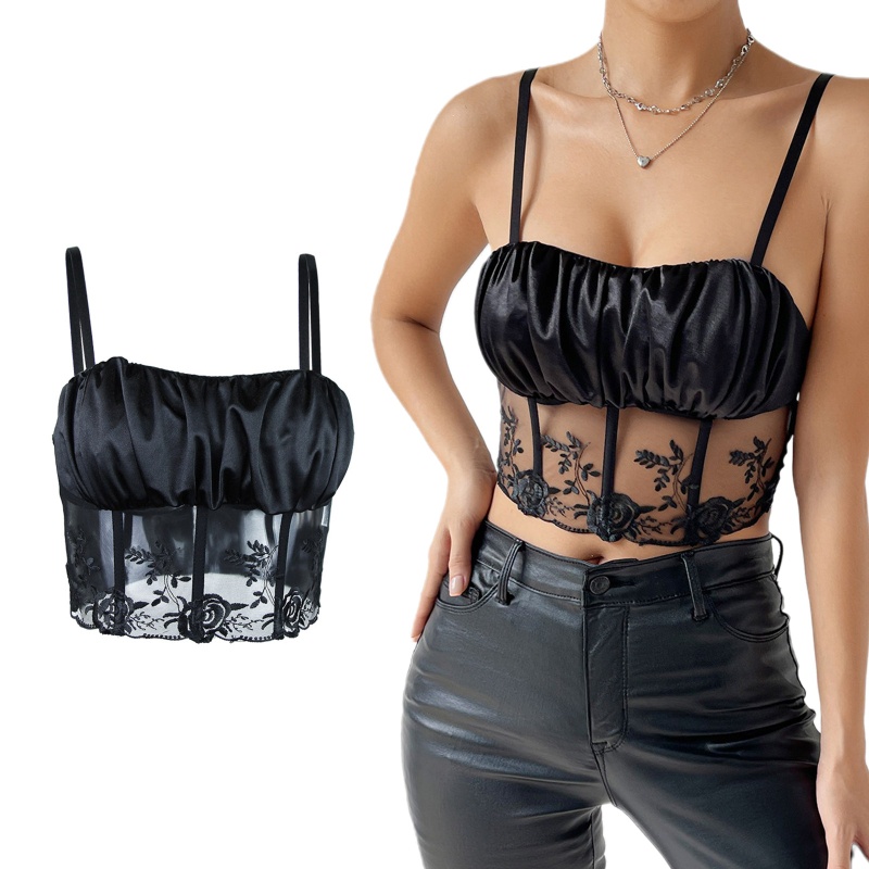 Áo Croptop Hai Dây Phối Ren Hoa Hồng Thời Trang Mùa Hè Cho Nữ