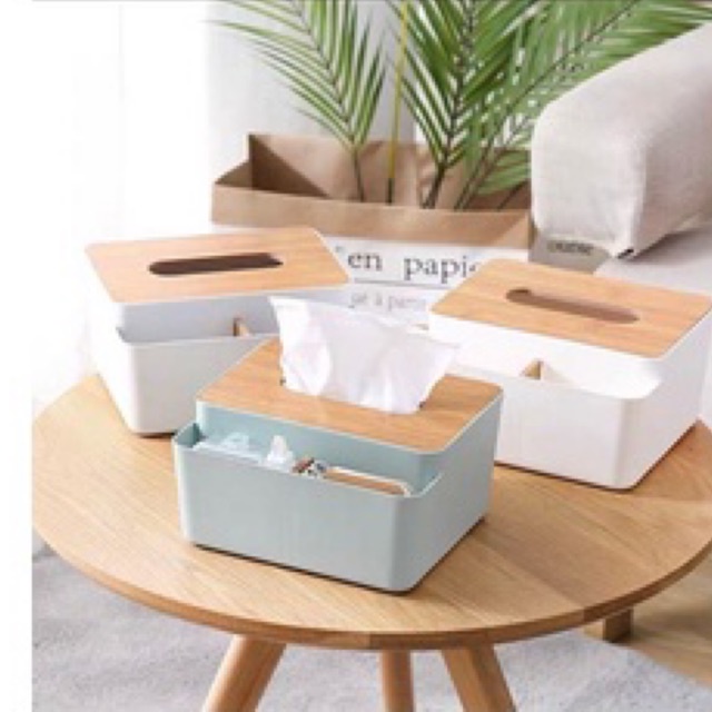 Hộp Đựng Giấy Ăn 3 Ngăn Nắp Vân Gỗ - Để Điều Khiển Tivi Sang Trọng Tiện Lợi