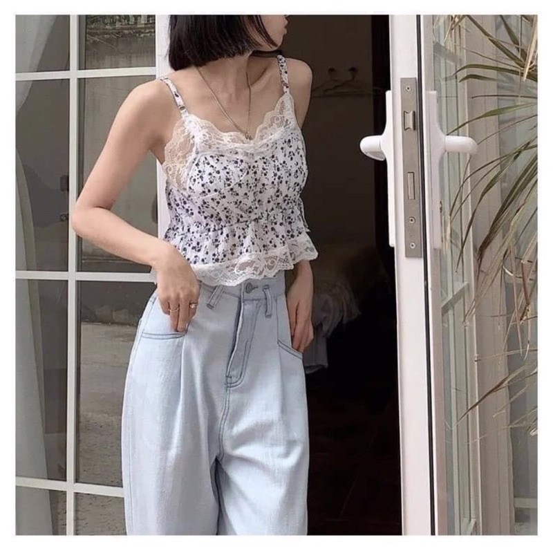 Set áo 2 dây hai dây hoa nhí croptop ren +áo thun áo phông