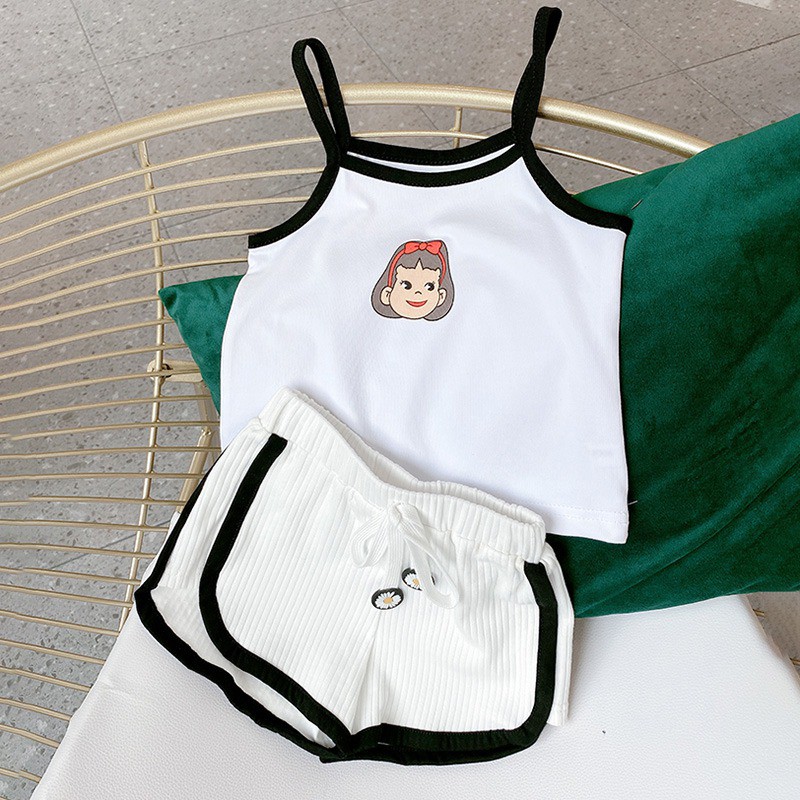 Set áo hai dây in họa tiết hoạt hình và quần đùi phong cách Hàn Quốc thời trang mùa hè dành cho bé gái
