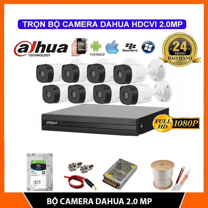 TRỌN BỘ 8 CAMERA GIÁM SÁT DAHUA 2.0MP, FHD 1080P - KÈM HDD (500GB/1TB/2TB) &amp; ĐẦY ĐỦ PHỤ KIỆN ĐỂ LẮP ĐẶT