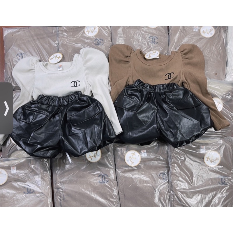 Set áo nhung lông tay bồng quần da cho bé gái