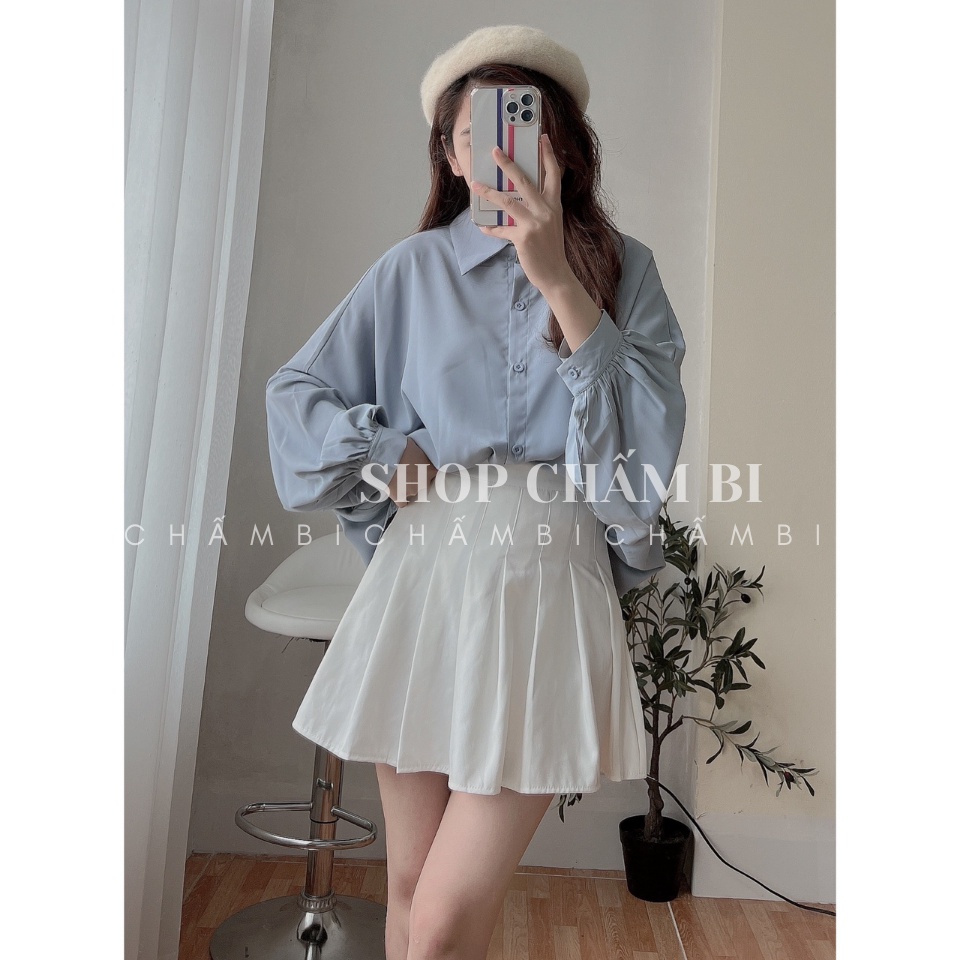 Áo sơ kiểu kiểu nữ A.287, Áo sơ mi lụa cổ đức tay bồng dáng dài cách điệu phong cách đơn giản