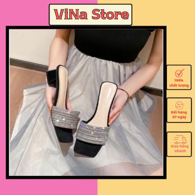 Guốc Cao Gót Nữ Đính Đá Đế Vuông 3 Phân, Dép Thời Trang Mũi Vuông cao cấp - VINA STORE- mã T14