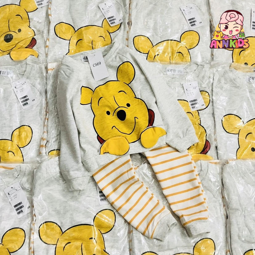 Bộ dài tay thu đông bé trai - Bộ nỉ da cá gấu Pooh Hm cho bé trai size 1-6t