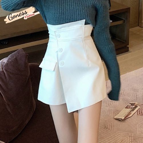 Quần short nữ Goness cạp cao giả váy kiểu vạt chéo phối cúc cao cấp co giãn tốt phong cách retro
