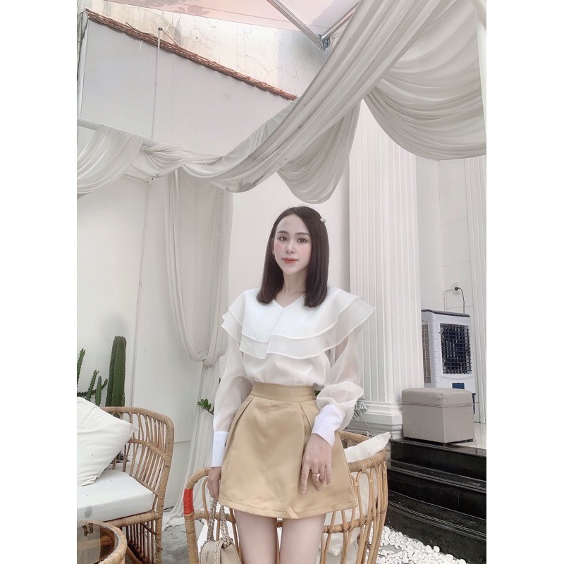 SET ÁO VOAN TRẮNG CHÂN VÁY NUDE
