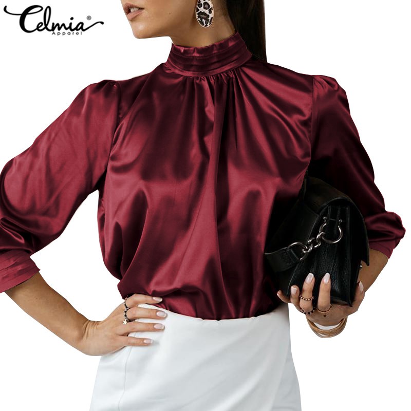 CELMIA Áo kiểu cổ đứng tay dài vải lụa satin thanh lịch dành cho bạn nữ