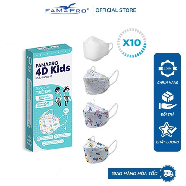 [4D Mask Kids COMBO 10] Khẩu trang y tế cao cấp trẻ em kháng khuẩn 3 lớp Famapro cho bé 3-6 tuổi 10 cái/hộp)
