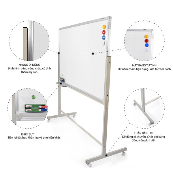 Bảng từ trắng có chân di động Tặng kèm bút nam châm bông lau bảng