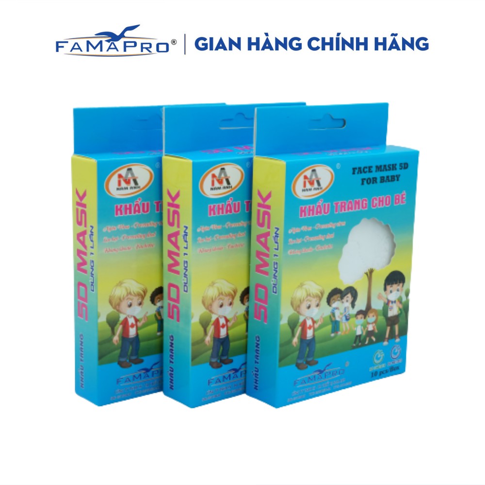 [HỘP-10 CÁI-QUAI THUN] COMBO 3 HỘP Khẩu trang y tế 3 lớp kháng khuẩn trẻ em Famapro 5D BABY TRƠN