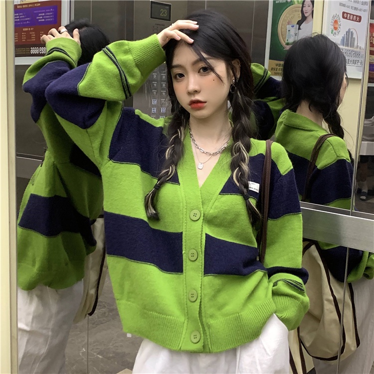 Áo cardigan len nữ dệt kim màu xanh lá Quảng châu cao cấp phong cách Hàn Quốc khoác ngoài cá tính kẻ ngang kozoda AC45
