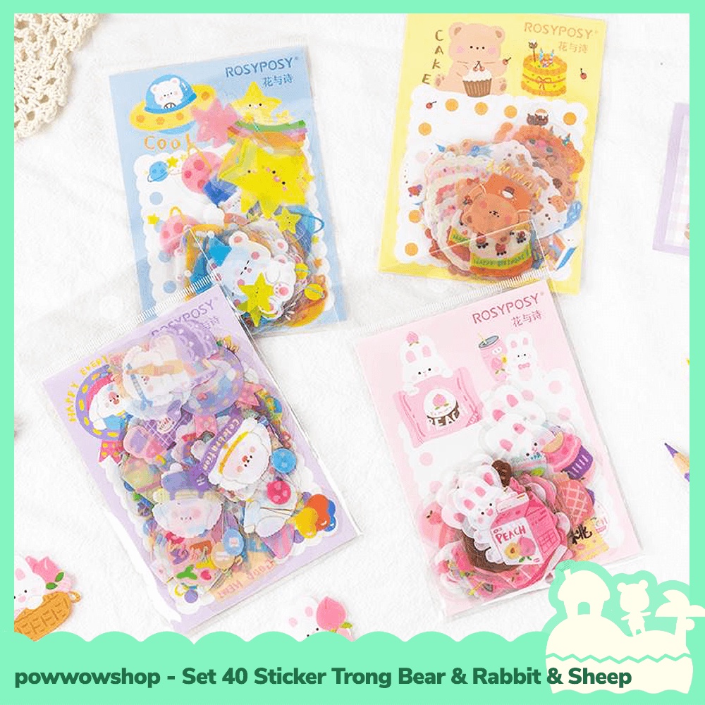 [Sẵn VN - Hỏa Tốc] Bộ 40 Sticker Decal Trong Dán Trang Trí Vật Dụng Rosy Posy Pet Gấu &amp; Thỏ