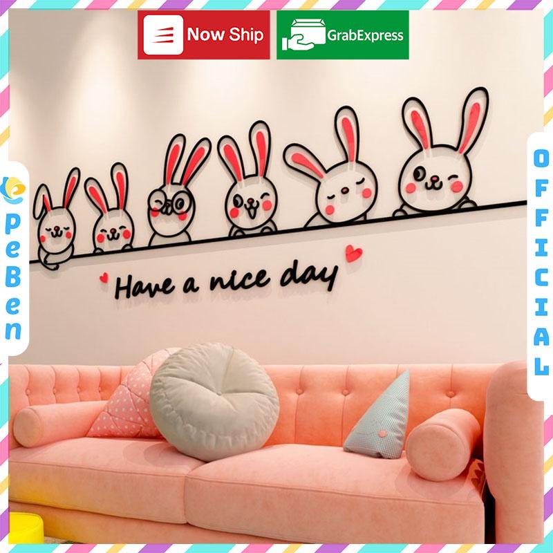 Tranh dán tường mica 3d decor khổ lớn hoạt hình thỏ bunny dễ thương trang trí mầm non, phòng cho bé Nhiều Size - EPeBen