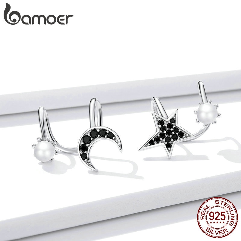 Khuyên Kẹp Tai Bamoer BSE387 Hình Ngôi Sao/Mặt Trang Đính Đá Màu Đen Thời Trang Nam Nữ Làm Bằng Bạc 925