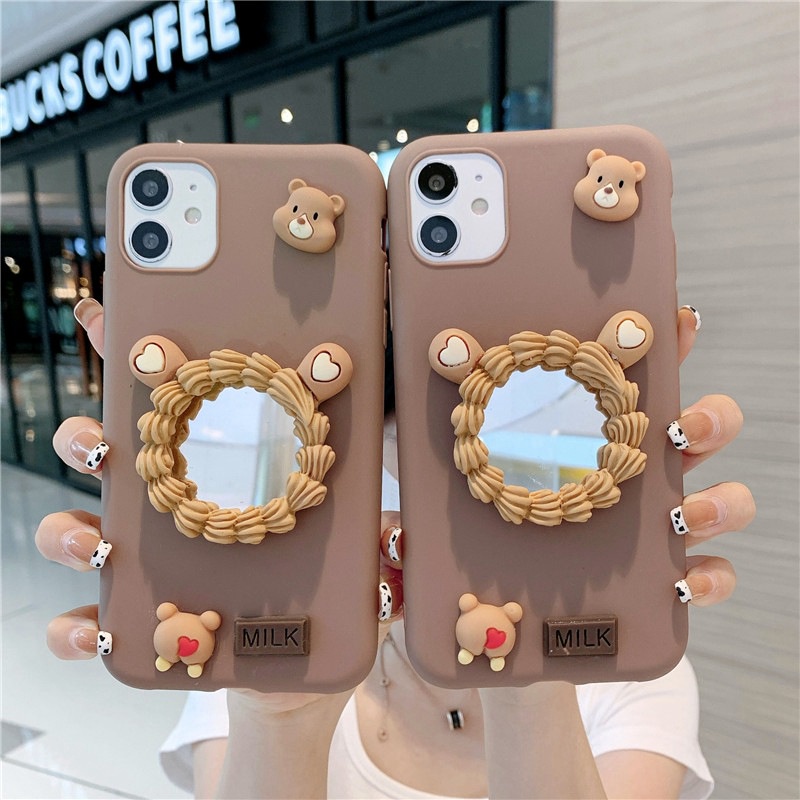 iPhone 13 12 11 Pro X XS Max XR 6 6S 7 8 Plus SE 2020 Phone Case Soft Cartoon Bear with Mirror