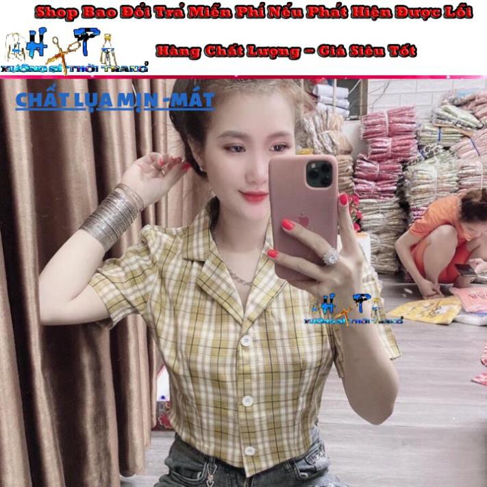 Áo Sơ mi Nữ lửng croptop cổ vét ngắn tay Phối sọc kẻ ca rô hót trend 2020 thời trang mới- hàng có sẵn , '