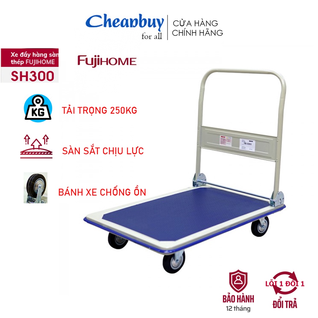 Xe đẩy hàng 4 bánh gấp gọn chở 250kg sàn thép nhập khẩu  FUJIHOME SH300, bánh chống ồn, bảo hành 1 năm