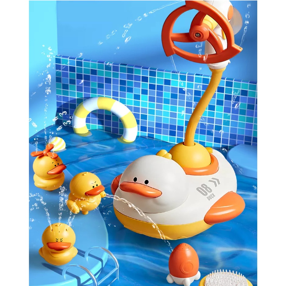 Bộ đồ chơi thả bồn tắm nghịch nước Vịt vàng cute bản cao cấp 3 vịt con kèm 4 đầu vòi phun nước tự động