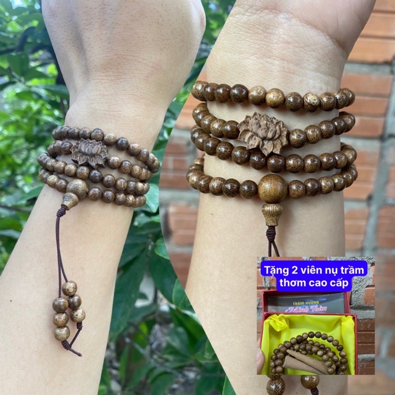 Vòng chuỗi trầm hương 108 hạt mix hoa sen 6li ( tay nữ 13-14-15cm)
