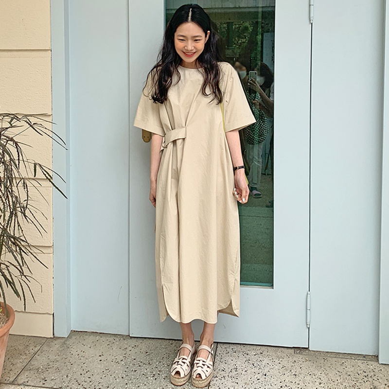 Váy vải thô cộc tay suông rộng dài thiết kế gài đai lưng 1 nửa eo style vintage Hàn Quốc