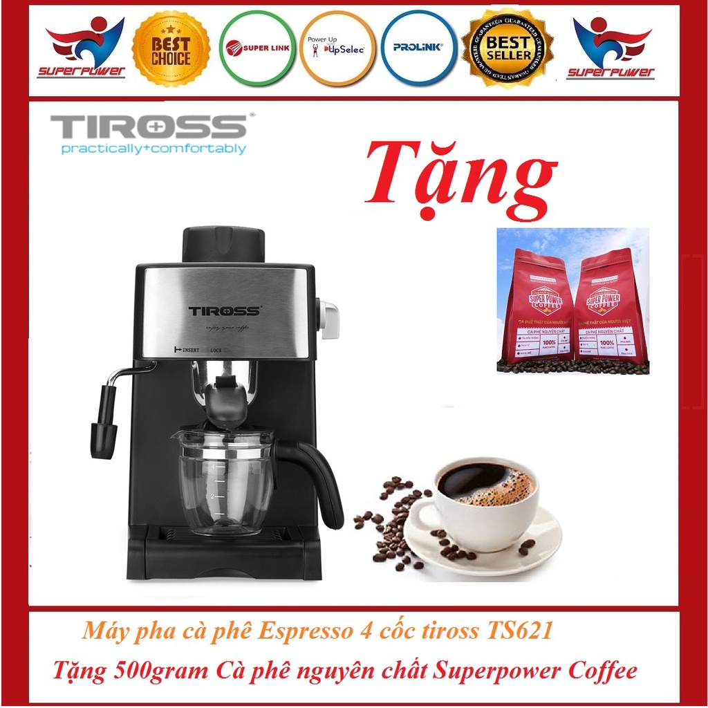 Máy pha cà phê Espresso 4 cốc tiross TS620 800W, TS621 800W, TS6211 15bar + Tặng 500gram cafe