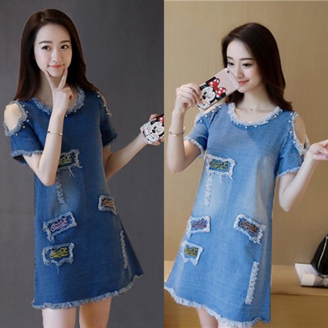 Đầm jean suông trễ vai tay ngắn đính hạt bao xinh