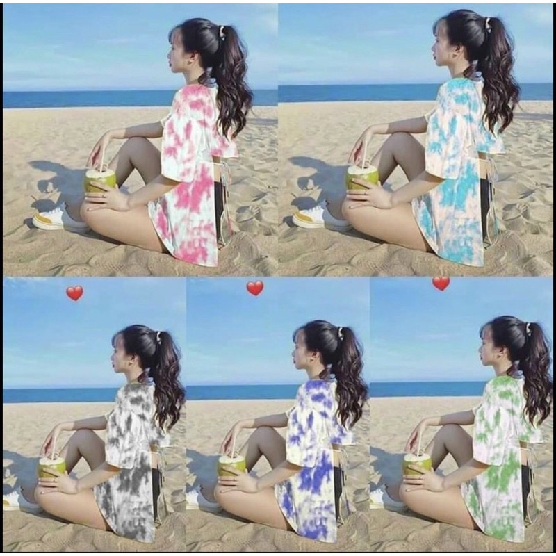 Áo hở lưng 3/4 loang màu from rộng buộc nơ