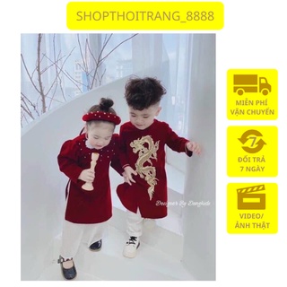 Bộ áo dài set trang phục chất nhung màu đỏ cho bé trai bé gái