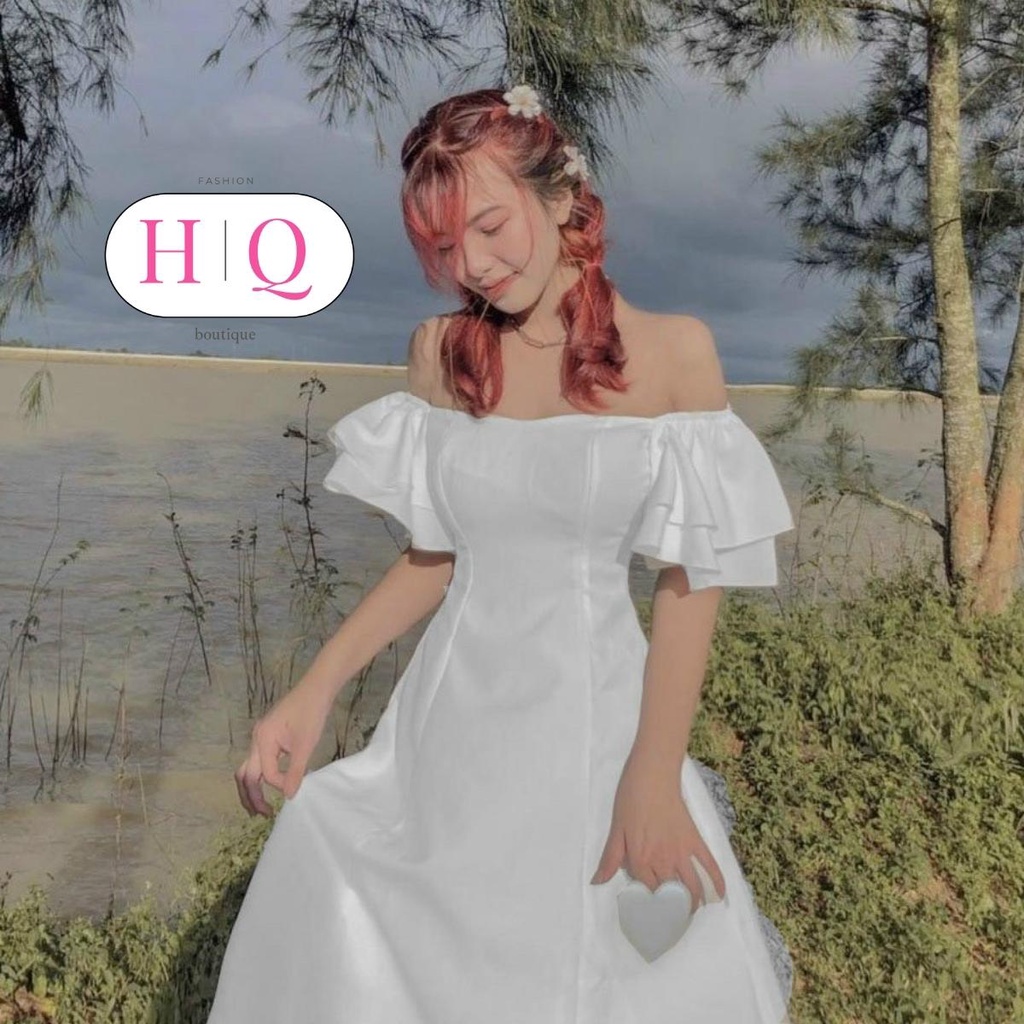 Váy Trễ Vai Tay Bồng Dáng Xòe Nữ 2 Màu Đen Trắng Tiểu Thư Style Hàn Quốc - HQ Fashion