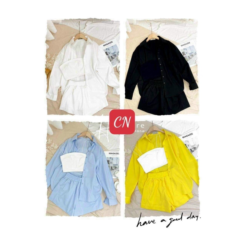 Sét bộ 3 món áo 2 dây bên trong và áo sơ mi phối hợp với quần cộc mặc dễ chịu thoáng mát 4màu đen trắng vàng và xanh màu