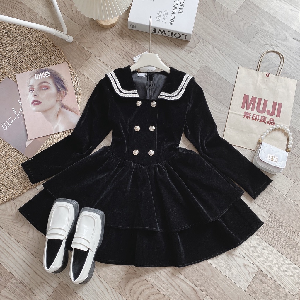 [Hàng Shop]: Váy Nhung 2 Tầng Dáng Xoè Cổ Bẻ Khuy Đồng Tay Dài