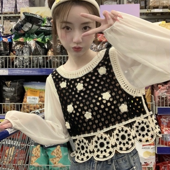 【ZHELIHANGFEI】Áo Len Tay Dài Lưng Cao Viền Ren Theo Phong Cách Preppy