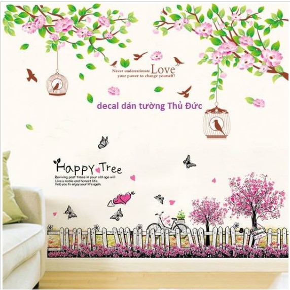 BỘ COMBO DECAL GHÉP ĐÔI TRANG TRÍ - 2 càng hoa phối Happy tree ( 2 TẤM )