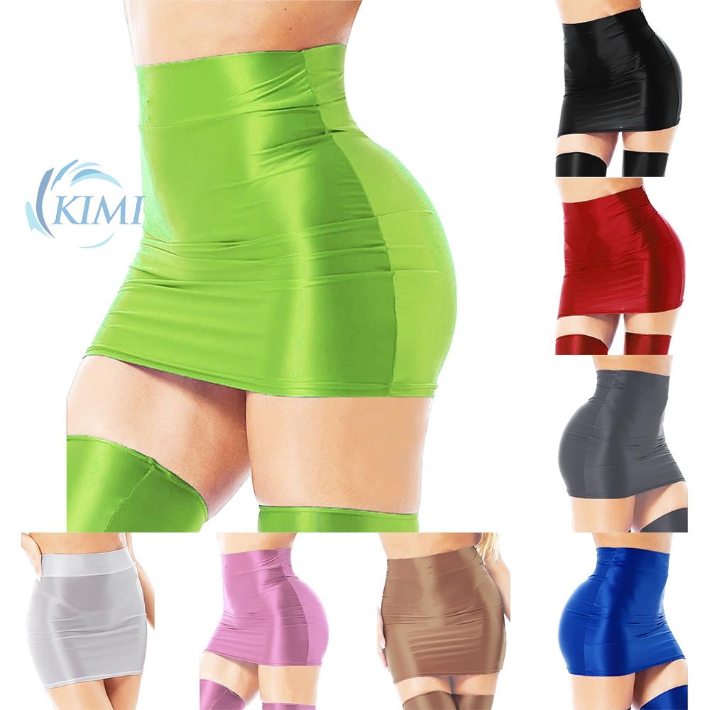 KIMI-Sexy Women\'s Oil Glossy Solid Pencil Bodycon Skirt High Waist Miniskirt Clubwear