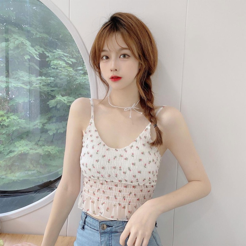 Áo Croptop Hai Dây Không Tay Cổ Chữ V Họa Tiết Hoa Có Đệm Ngực Phối Ren Slin Cho Nữ