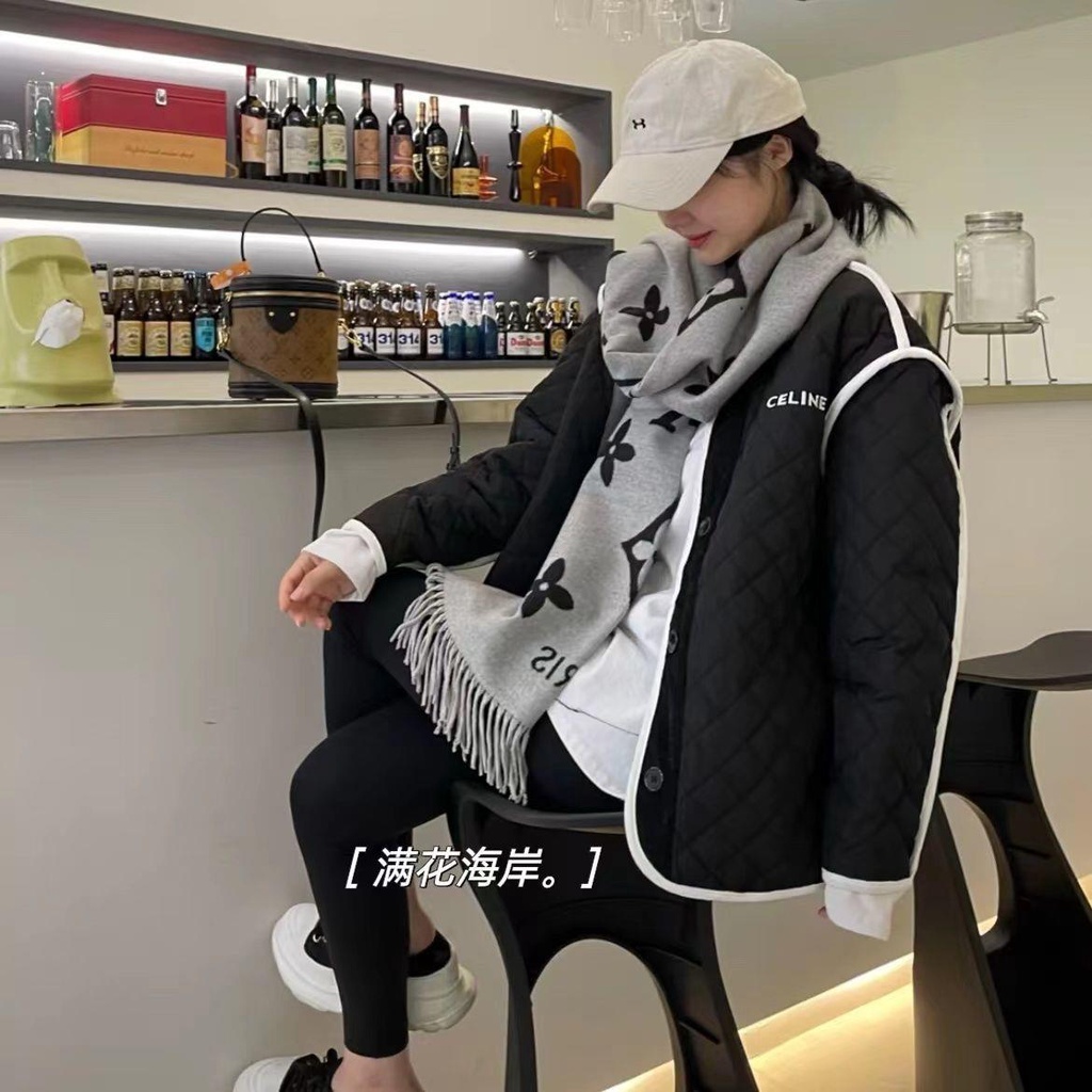 [Quilted] Ins Áo khoác đệm bông hình thoi màu trắng viền trơn giữ nhiệt kiểu phong cách