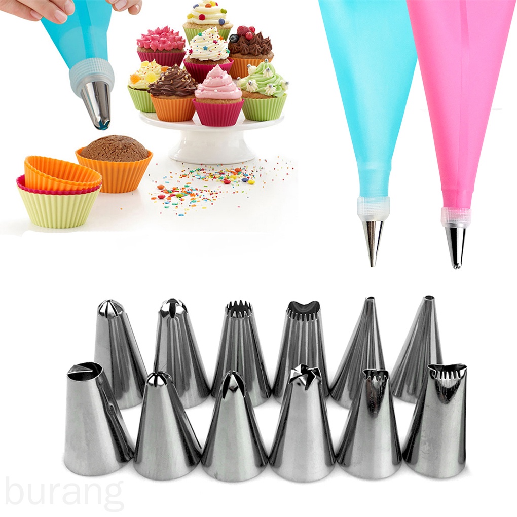 Set 14 Dụng Cụ Trang Trí Bánh Gồm 12 Đầu Bắt Bông Kem Bằng Thép Không Gỉ